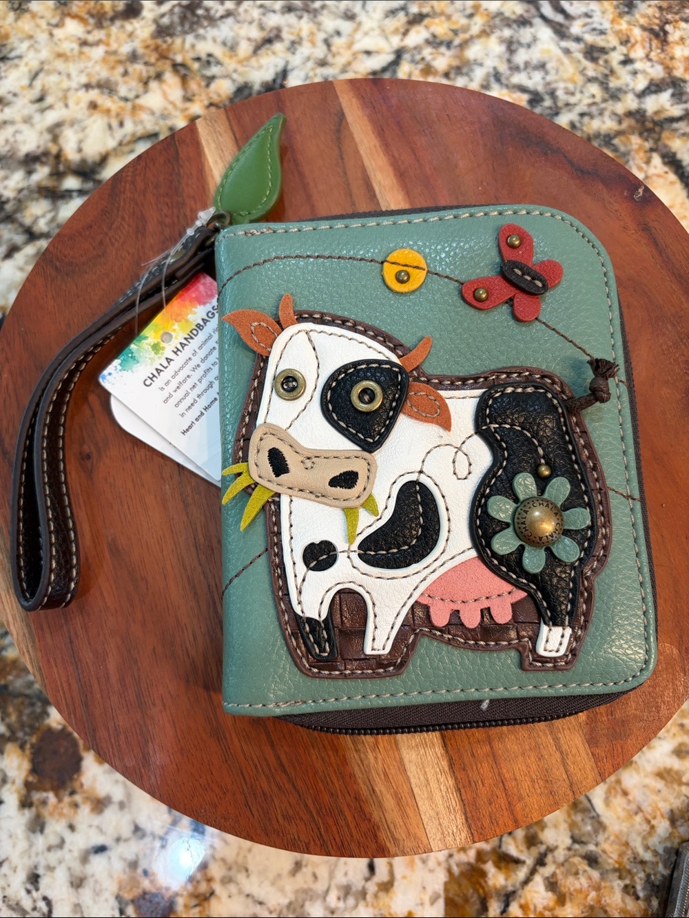 Chala Green Cow Appliqué Wallet with Pink & Brown Accents